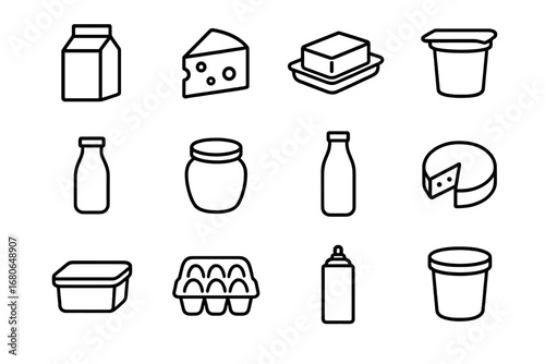 Dairy Product Icons. Outline icon set of dairy product storage: milk carton, cheese block, butter stick,