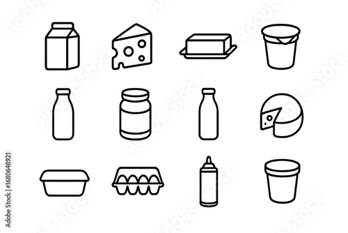 Dairy Product Icons. Outline icon set of dairy product storage: milk carton, cheese block, butter stick,