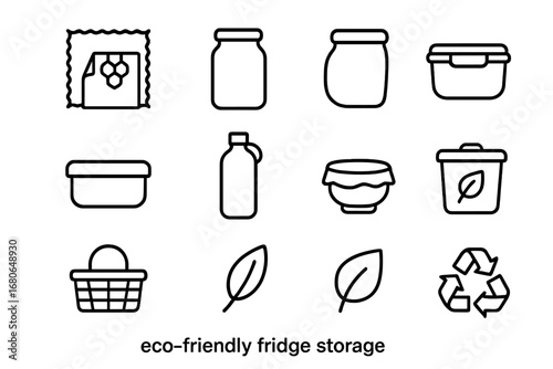 Eco-Friendly Icon Set. Outline icon set of eco-friendly fridge storage: beeswax wrap, glass jar, silicone bag,
