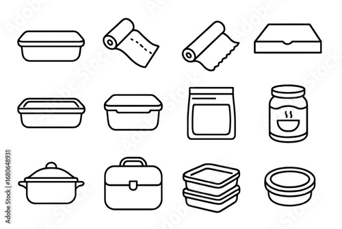 Leftovers Storage Icons. Outline icon set of leftovers storage: food container, plastic wrap, aluminum foil,