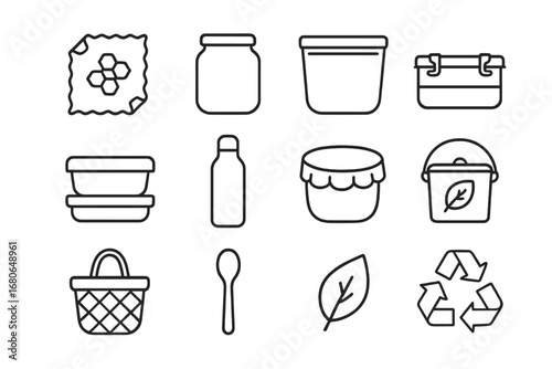 Eco-Friendly Icon Set. Outline icon set of eco-friendly fridge storage: beeswax wrap, glass jar, silicone bag,