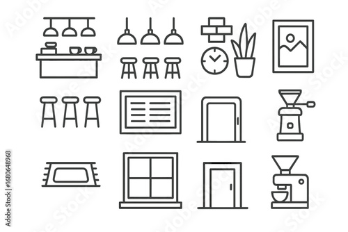 Coffee Shop Icons. Outline icon set of coffee shop interiors: counter, hanging lights, menu board, bar stools,
