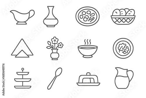 Dinner Party Icons. Outline icon set of dinner party essentials: gravy boat, wine decanter, appetizer plate,