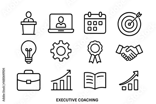 Executive Coaching Icons. Outline icon set of executive coaching: podium, laptop, calendar, target, light bulb