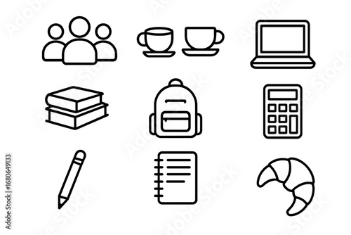 Student Meetup Icons. Outline icon set of student meetups in cafés: group icon, coffee cups, laptop, books,