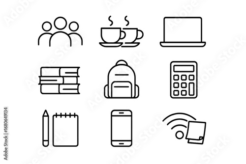 Student Meetup Icons. Outline icon set of student meetups in cafés: group icon, coffee cups, laptop, books,