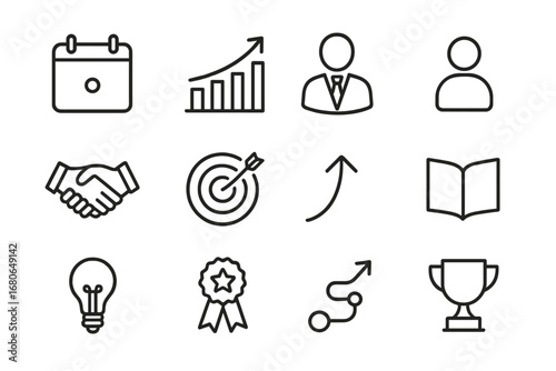 Mentorship Icon Set. Outline icon set of long-term mentorship: calendar, growth chart, mentor figure, mentee