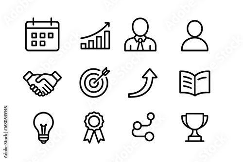Mentorship Icon Set. Outline icon set of long-term mentorship: calendar, growth chart, mentor figure, mentee