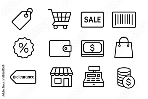 Bargain Shopping Icons. Outline icon set of bargain shopping: price tag, cart, sale sign, barcode, percentage