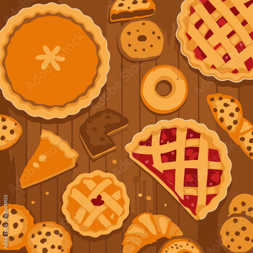 Delicious assortment of pies, cookies, and pastries arranged on a wooden surface. Colorful baked goods displayed overhead, showcasing variety and autumnal flavors.