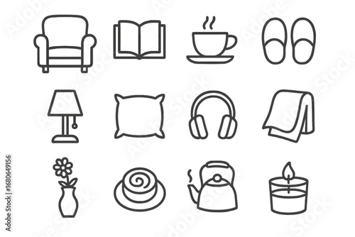 Cozy Coffee Shop Icons. Outline icon set of coffee shop relaxation: comfy chair, open book, teacup, slippers,