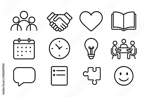 Support Group Icon Set. Outline icon set of support groups: multiple people, handshake, heart icon, open book,