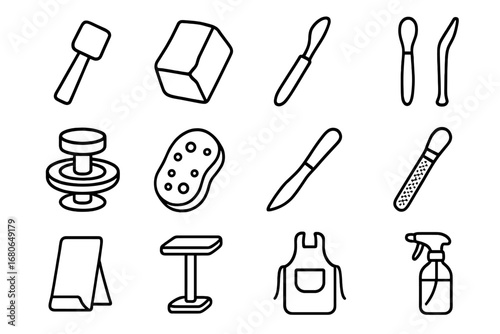 Sculpting Tool Icons. Outline icon set of sculpting tools: chisel, mallet, clay block, modeling tool, pottery