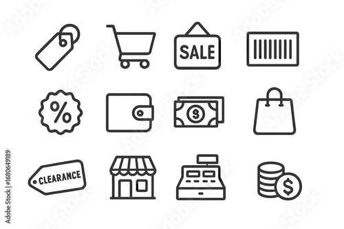 Bargain Shopping Icons. Outline icon set of bargain shopping: price tag, cart, sale sign, barcode, percentage