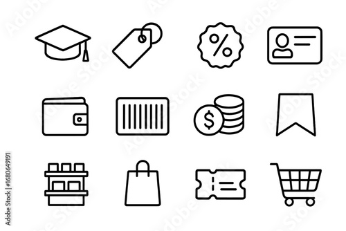 Student Discount Icons. Outline icon set of student discounts: graduation cap, price tag, percentage badge,