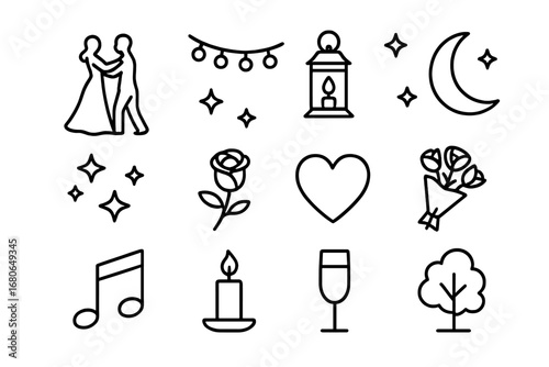 Garden Dance Icons. Outline icon set of garden night dance: couple silhouette, string lights, lantern, moon,