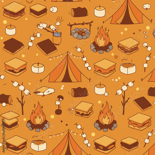 S'mores camping theme pattern featuring various camping elements in a hand-drawn style. Fun, playful depiction of s'mores, campfires, tents, and marshmallows.