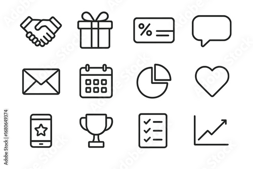 Customer Retention Icons. Outline icon set of customer retention tactics: handshake, gift box, loyalty card,