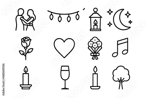 Garden Dance Icons. Outline icon set of garden night dance: couple silhouette, string lights, lantern, moon,
