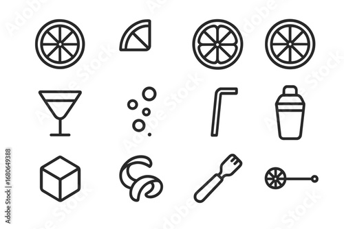 Citrus Drink Icons. Outline icon set of citrus-based drinks: lemon slice, lime wedge, orange wheel, grapefruit