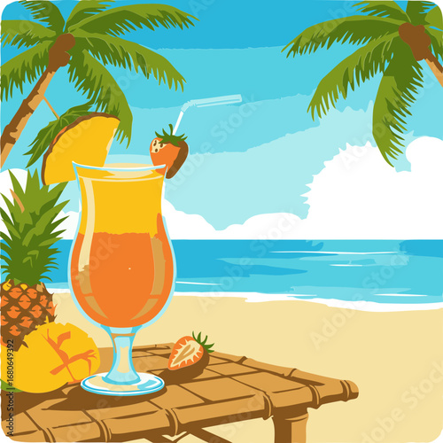 Tropical beach scene with a vibrant cocktail on a bamboo table. Colorful drink with pineapple and strawberry garnishes, placed on a bamboo table at the beach's edge.