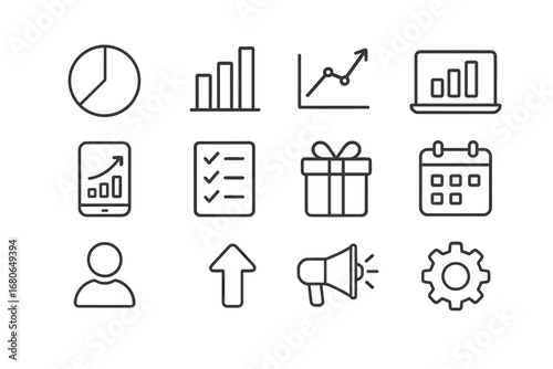 Growth Analytics Icon Set. Outline icon set of growth analytics for subscriptions: pie chart, bar graph, line