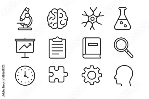 Memory Research Icons. Outline icon set of memory research: microscope, brain, neuron, chemical flask, chart,
