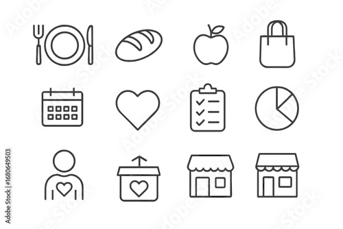 Potluck Event Icons. Outline icon set of neighborhood potluck events: plate, fork and knife, bread loaf, apple