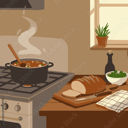 A steaming pot of stew on a stovetop with a loaf of sliced bread and butter on a wooden cutting board in a vintage kitchen. A home-cooked meal ready to be enjoyed in a cozy setting.
