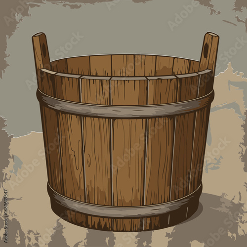Wooden tub with vintage style, in neutral background. Empty, round, traditional wooden tub with metal band and handles. Antique/historical design -