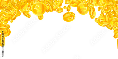 Russian ruble coins falling. Scattered gold RUB