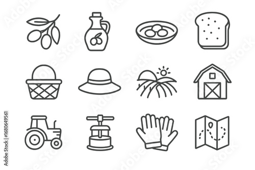 Olive Farm Icons. Outline icon set of olive farm visits: olive branch, olive oil bottle, tasting plate, bread