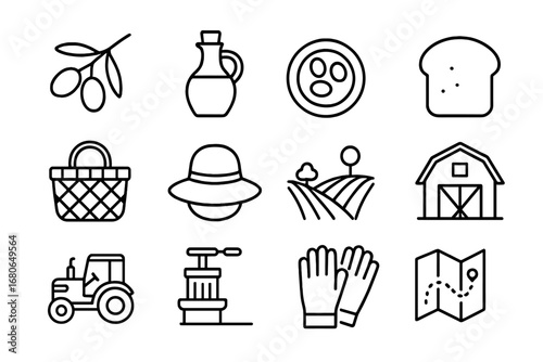 Olive Farm Icons. Outline icon set of olive farm visits: olive branch, olive oil bottle, tasting plate, bread