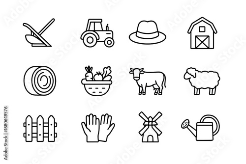 Traditional Farming Icons. Outline icon set of traditional farming demonstrations: plow, tractor, farmer hat,