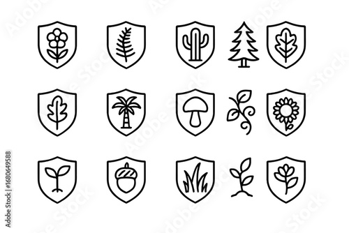 Protected Flora Icons. Outline icon set of protected flora: wildflower, fern, cactus, pine tree, oak leaf,