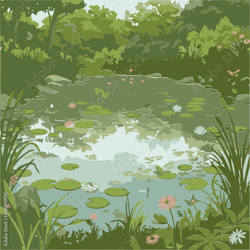 Peaceful pond scene with lush greenery and colorful flowers in a forest setting. Calm water with lily pads and blooming flowers, showcasing nature's beauty in a serene environment.