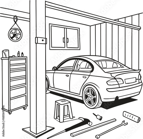 Detailed illustration of a well equipped vehicle garage featuring a parked car and various tools on a clean white background