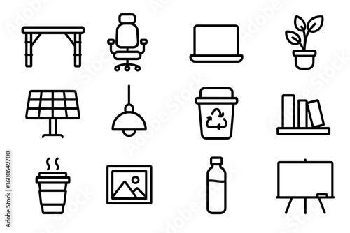 Sustainable Office Icons. Outline icon set of sustainable office designs: bamboo desk, ergonomic chair, laptop