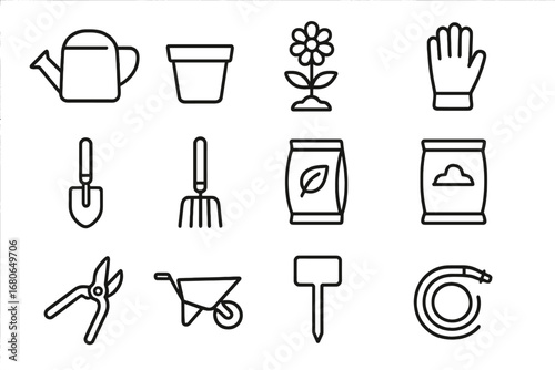Spring Garden Tools. Outline icon set of spring garden tools: watering can, flower pot, daisy sprout, garden