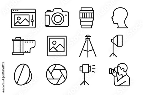 Photography Icon Set. Outline icon set of creative black and white photo editing: editing software, camera,