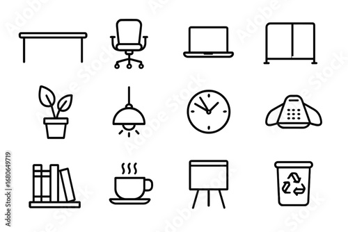 Modern Office Outline Icons. Outline icon set of open-plan modern offices: long desk, swivel chair, laptop,