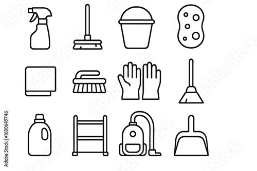Cleaning Tools Icons. Outline icon set of neatly arranged cleaning tools: spray bottle, mop, bucket, sponge,