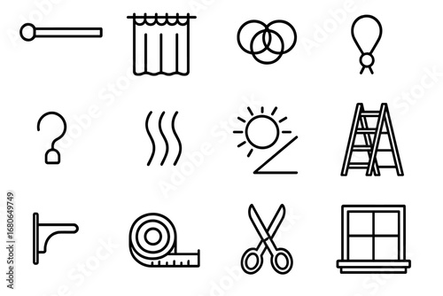 DIY Curtain Icons. Outline icon set of easy DIY curtain hanging: curtain rod, sheer panel, curtain rings,