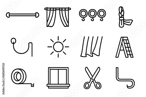 Drapes Icon Set. Outline icon set of light and breezy window drapes: curtain rod, sheer fabric, curtain rings,