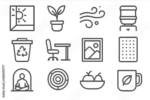 Healthy Office Icons. Outline icon set of healthy office environment: sunlight window, potted plant, clean air