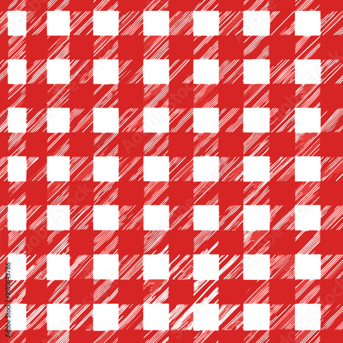 Red and white checkered tablecloth pattern with textured squares. Classic picnic or outdoor dining setting design.
