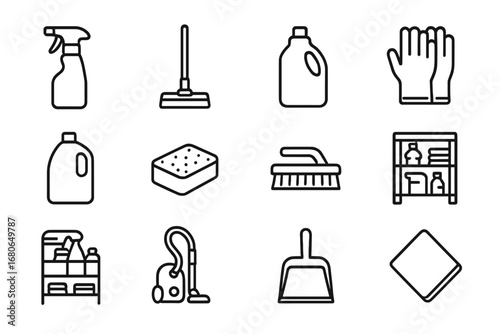 Cleaning Supplies Icons. Outline icon set of professional cleaning supply storage: spray bottle, industrial