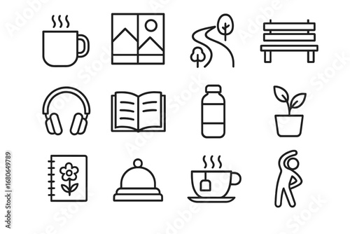 Mindful Break Icons. Outline icon set of mindful work breaks: coffee mug, window view, walking path, nature
