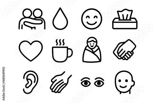 Friendship Icons Grid. Outline icon set of trust and support between friends: hug, tear drop, smile, tissue