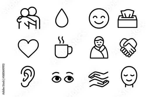 Friendship Icons Grid. Outline icon set of trust and support between friends: hug, tear drop, smile, tissue